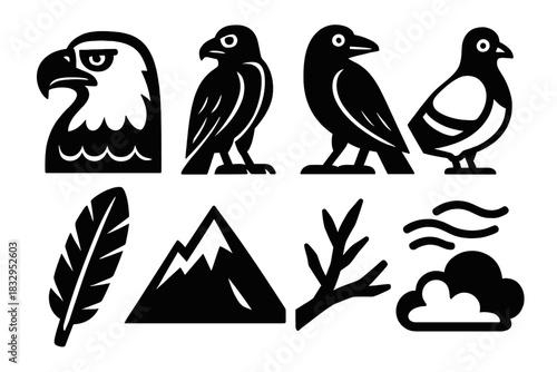 Wild Bird Icons. Wild Birds Set silhouette icon set. eagle, hawk, crow, pigeon, feather, mountain, branch, sky.