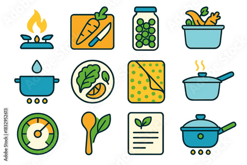 Eco-Friendly Cooking Icons. Green Cooking Practices flat icon set: energy-saving burner, whole-food prep board, minimal-packaging ingredient jar, compost scraps tray, water-wise