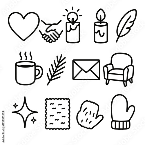Icons of Cozy Love. Loving Energy linear icon set : heart, joined hands, candlelight, glowing circle, feather, warm mug, pine sprig, folded letter, cozy chair, star light, soft rug