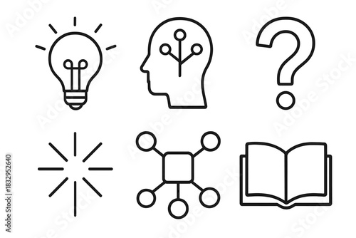 Idea Icons. Idea Exploration Set linear icon set: idea bulb, branching thought, question mark, concept map, spark icon, open book