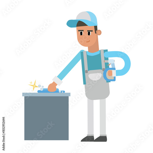 Cleaning worker wiping a surface with a cloth and holding a spray bottle. Concept of hygiene