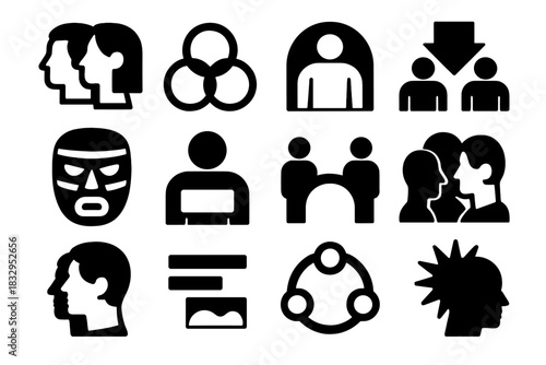 Dynamic Identity Icons. Identity & Group Dynamics Collection silhouette icon set: varied profiles, linked circles, shared space icon, influence arrows, cultural marker, role tag
