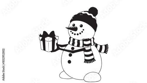 Playful snowman presenting a gift in a cozy winter illustration.