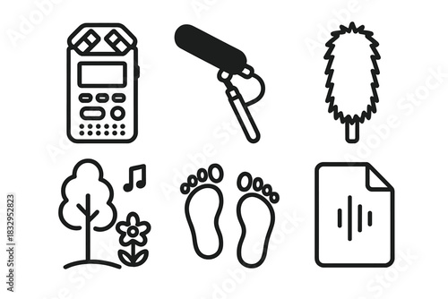 Field Recording Icons. Field Recording linear icon set: portable recorder, boom mic, windscreen, nature sound, footsteps, audio file