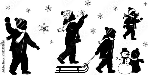 Silhouette Christmas Children in Winter Playing
