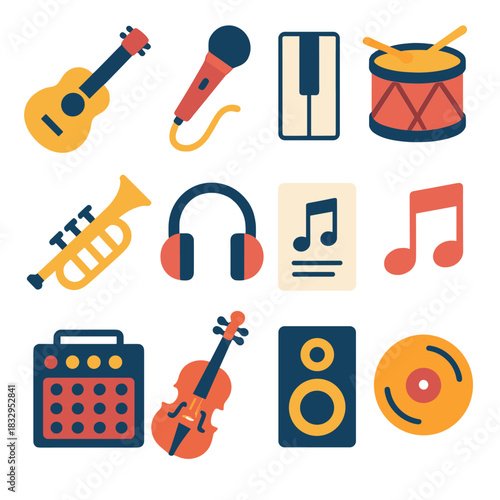 Vibrant Music Icons. Musician flat icon set: guitar, microphone, piano keys, drum, trumpet, headphones, sheet music, music note, amplifier, violin, speaker, record