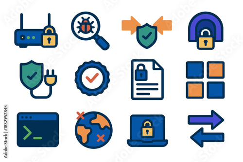Network Security Icons. Network Protection Tools flat icon set: secure router, threat scanner, intrusion prevention arrows, encrypted tunnel icon, safe connection plug, data