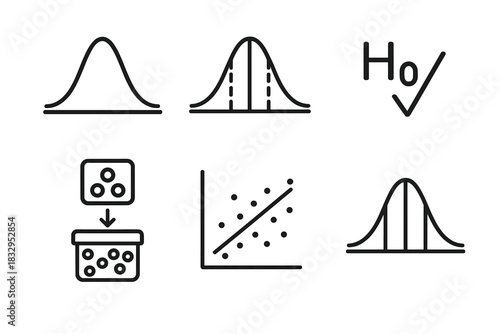 Statistical Icons Collection. Inferential Statistics linear icon set. probability curve, confidence interval graph, hypothesis test icon, scatter plot, data sampling, t-test chart