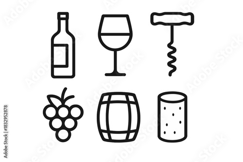 Wine Icons Collection. Wine Essentials Set linear icon set: wine bottle, wine glass, corkscrew, grape cluster, wine barrel, cork