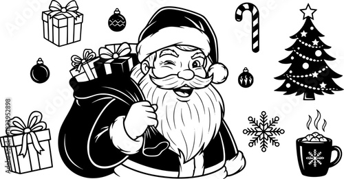 Black silhouette of Santa Claus with sack and gifts under hanging stars santa claus silhouette christmas gifts
