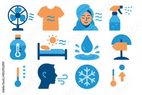 Modern Cooling Practices. Cooling Comfort Practices Set flat icon set: airflow fan, lightweight attire icon, chilled wrap, cool-mist spray, steady hydration gauge, rest-in-breeze