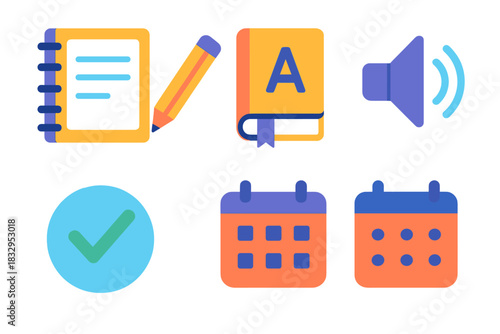 Modern Study Icons. Study Tools flat icon set: notebook, pencil, dictionary, audio icon, checkmark, calendar