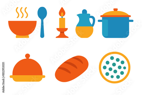 Minimalist Dinner Layout. Evening Meal flat icons set. steaming bowl, spoon, candlelight, soup pot, serving tray, loaf of bread, jug, side dish
