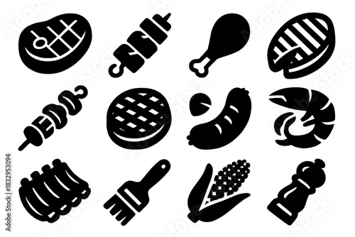 Bold Grilling Icons. Grilling favorites silhouette icon set: steak, kebab, chicken leg, fish fillet, vegetables on skewer, burger patty, sausage, shrimp, ribs, sauce brush, corn