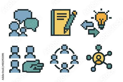 Collaborative Learning Icons. Collaborative Learning Interactions pixel style icon set: group bubble, shared notes, discussion arrows, idea spark, teamwork grid, guidance hand