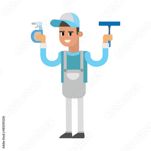 Cleaner holding a spray bottle and squeegee, ready for window cleaning