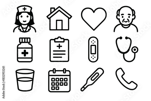 Home Nursing Essentials. Home Nursing linear icon set: nurse, house, heart, patient, medicine bottle, clipboard, bandage, stethoscope, water cup, calendar, thermometer, phone