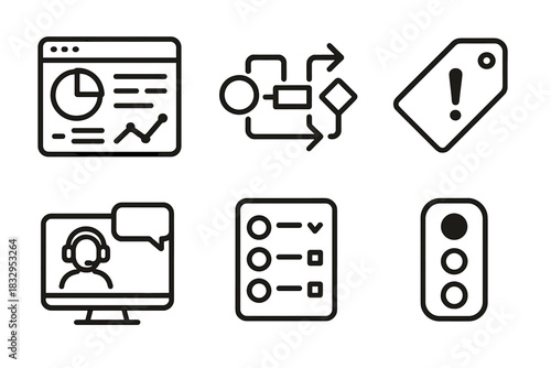 User Support Icons. User Support Systems Set linear icon set: dashboard panel, workflow arrows, priority tag, service window, issue tracker, status indicator