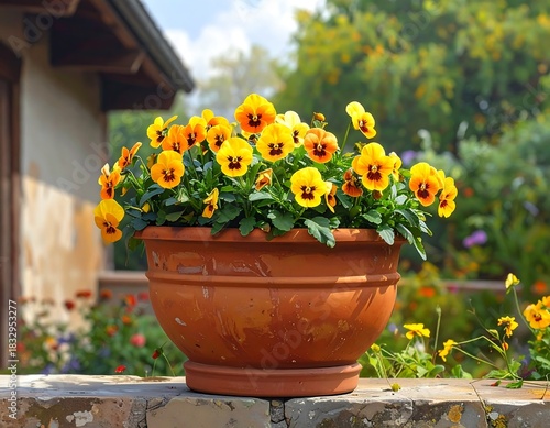Beautiful yellow pansies in a terracotta pot on a stone wall in a garden setting