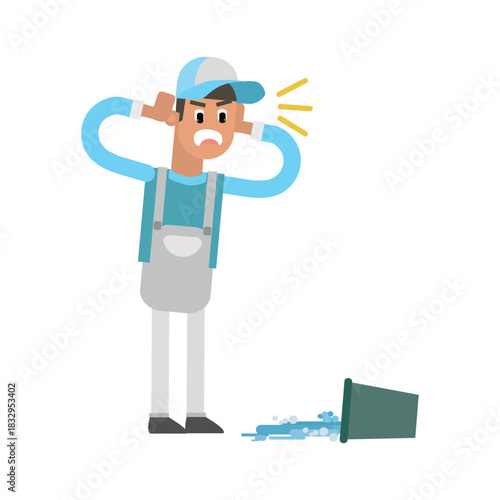 Shocked janitor holding head in panic next to a spilled water bucket. Concept of a mess
