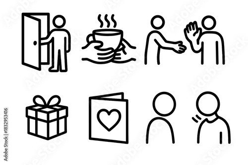 Symbols of Kindness. Everyday Kindness Symbols linear icon set: door held open, shared cup, helpful gesture, friendly wave, small gift, warm note, soft step, caring nod
