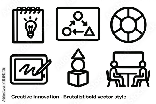 Brutalist Design Icons. Creative Innovation silhouette icon set. sketchbook, design thinking map, color wheel, digital tablet, concept model, collaboration workspace.