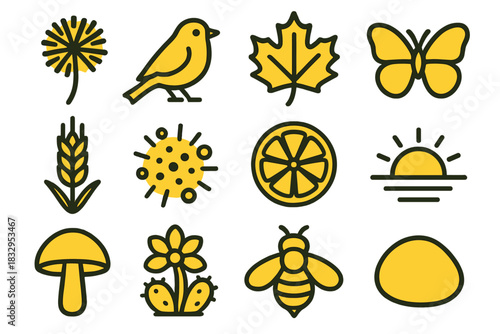Yellow Nature Icons. Yellow Nature Elements linear icon set: dandelion, canary, autumn leaf, butterfly, wheat stalk, pollen puff, citrus slice, sunrise disc, yellow mushroom