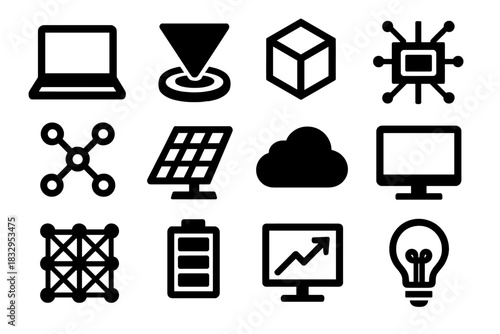 Digital Energy Icons. Digital Energy Conservation silhouette icon set. laptop, hologram, 3D cube, circuit board, data nodes, solar panel, cloud, monitor screen, network grid