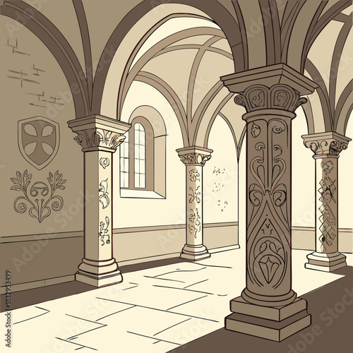 interior with stone pillars intricate carvings and soft natural light streaming through