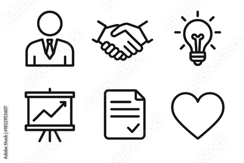 Leadership Icons Set. Leadership conflict management linear icon set: leader figure, handshake, light bulb, chart board, document, heart