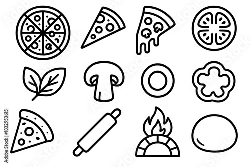 Pizza Icons Set. Pizza Elements Set linear icon set: whole pizza, single slice, cheese melt, tomato ring, basil leaf, mushroom piece, olive circle, pepper slice, crust edge
