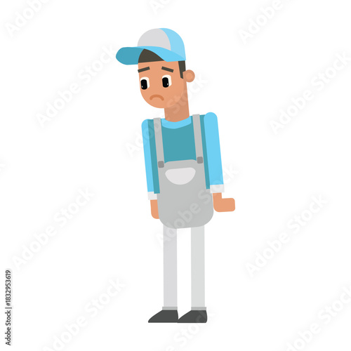 Sad janitor standing with a disappointed expression, looking down. Concept of fatigue or unhappiness