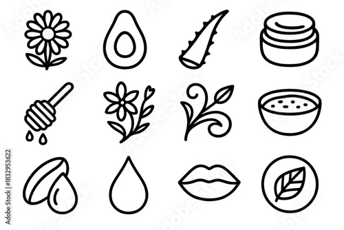 Botanical Lip Remedies. Botanical Lip Remedies linear icon set. chamomile flower, avocado half, aloe vera leaf, lip gloss pot, honey dipper, floral line art, leaf swirl, clay bowl