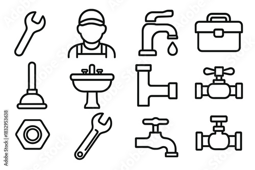 Plumbing Tools Icons. Plumber linear icon set: wrench, pipe, faucet, water droplet, toolbox, plunger, sink, pipe joint, tap handle, valve, screw nut, adjustable spanner