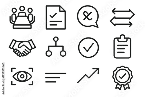 Business Icon Set. Deal-Making Pack linear icon set: meeting table, proposal note, response bubble, balanced arrows, handshake outline, decision tree, clarity mark, contract clip