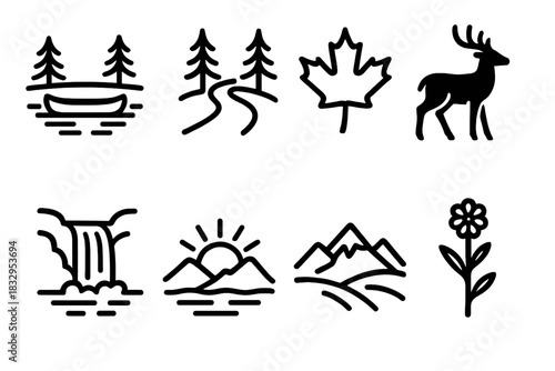 Nature's Iconic Serenity. Nature Serenity linear icon set. lake reflection, canoe, forest path, maple leaf, deer silhouette, waterfall, sunrise over peaks, wildflower