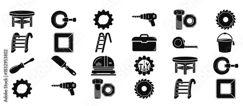 Black silhouette icon set representing various workshop tool and construction equipment elements isolated on white background