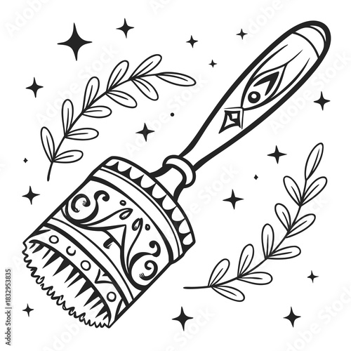 Stylized Black and White Illustration of a Scrub Brush with Orna