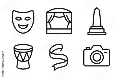 Icons of Cultural Expression. Cultural Expression linear icon set: mask, stage, monument, drum, ribbon, camera