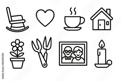 Golden Years Icons. Golden Years linear icon set: rocking chair, heart, cup of tea, garden tools, cozy home, flower pot, family photo, candle