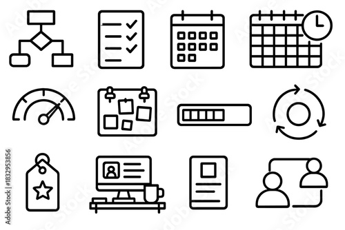 Productivity Systems Icons. Labor Day Productivity Systems Set linear icon set: workflow chart, task checklist, planning calendar, shift schedule, efficiency gauge, resource board