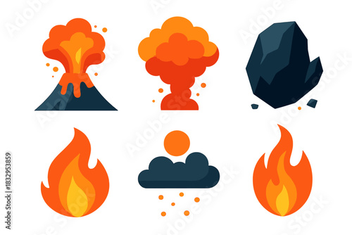 Vibrant Volcanic Icons. Volcanic Explosion set flat icon set: Lava, Smoke, Rock, Fire, Ash, Flame