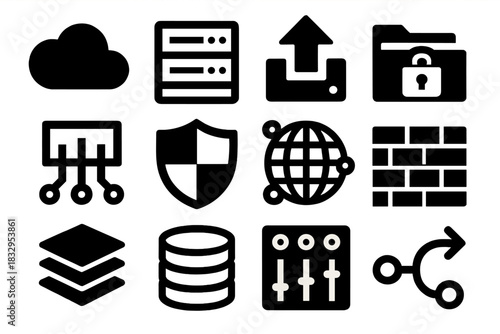 Cloud Migration Icons. Cloud Migration silhouette icon set: cloud icon, server rack, upload arrow, secure folder, data stream, shield emblem, network globe, firewall grid