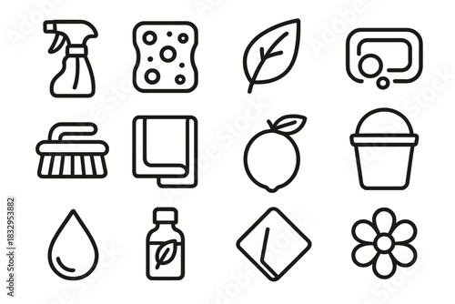 Natural Cleaning Icons. Natural cleaning products linear icon set: spray bottle, sponge, leaf, soap bar, brush, towel, lemon, bucket, droplet, essential oil, cloth, flower