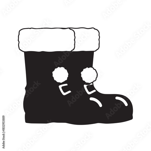 Playful black cartoon boot with fluffy white cuff illustration.