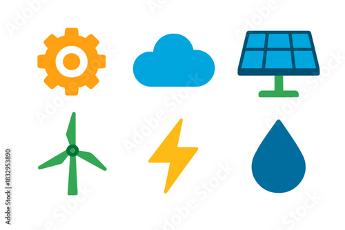 Minimalist Renewable Energy Icons. Clean Technology flat icon set: gear, cloud, solar cell, windmill, lightning bolt, droplet