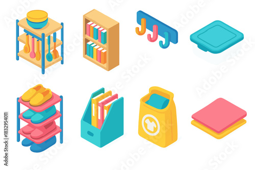 Room Organization Icons. Room Organization Ideas flat icons set. kitchen rack, bookshelf, wall hooks, under-bed box, shoe organizer, file holder, laundry bag, cleaning cloth