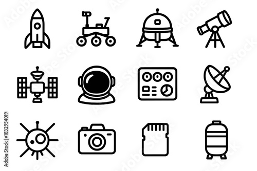 Space Exploration Icons. Space exploration tools linear icon set. rocket, rover, lander, telescope, satellite, astronaut helmet, control panel, radar dish, probe, camera, data chip