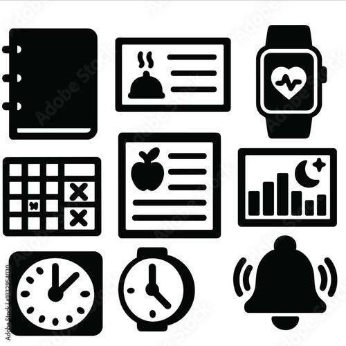 Family Wellness Icons. Family wellness planning tools silhouette icon set: planner notebook, recipe card, fitness tracker, sleep chart, habit tracker, grocery list, timer clock