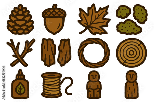 Woodland Craft Icons. Woodland Crafts silhouette icon set. pinecones, acorns, dried leaves, moss patches, twigs, bark pieces, handmade wreath, wooden disc, natural glue, jute